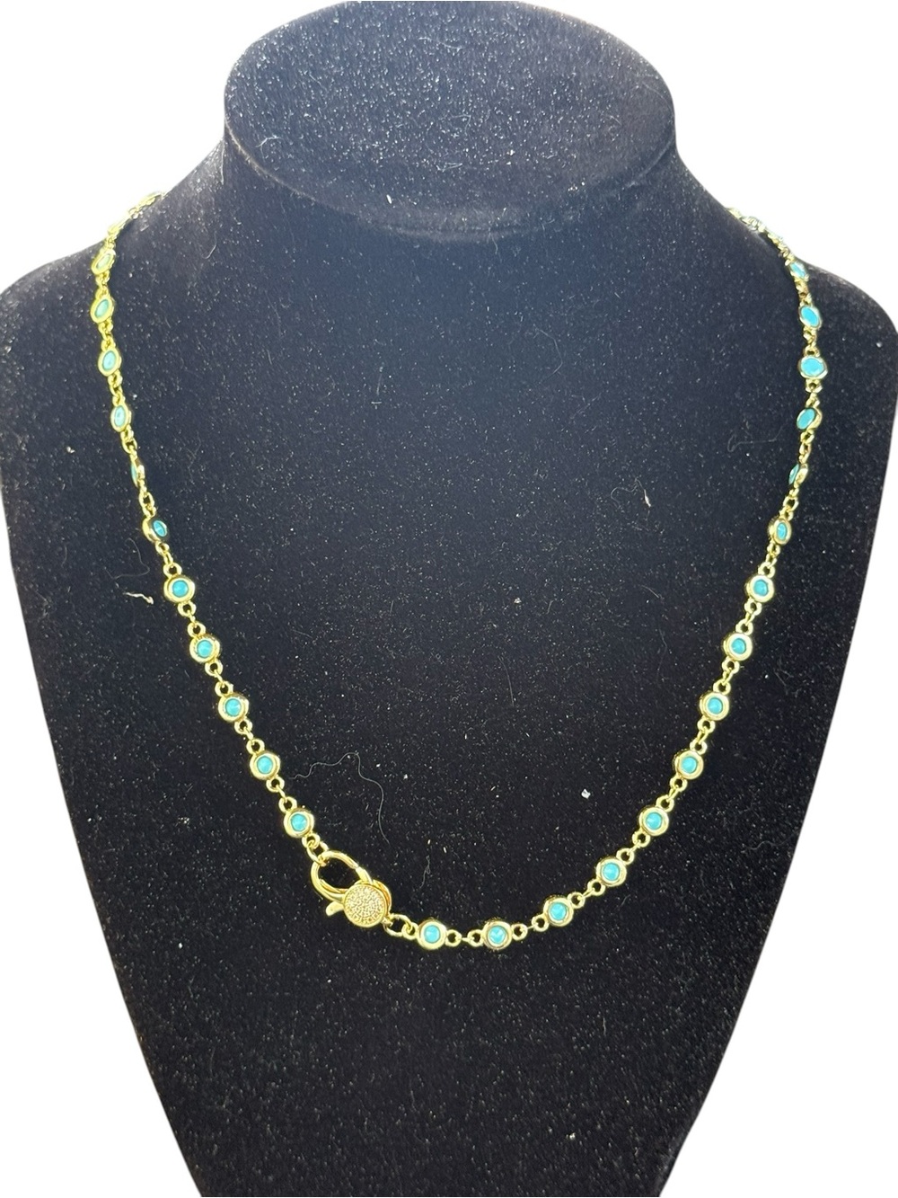 New in Box Freida Rothman 18” Gold Plated Turquoise Necklace Pave Lobster Clasp
